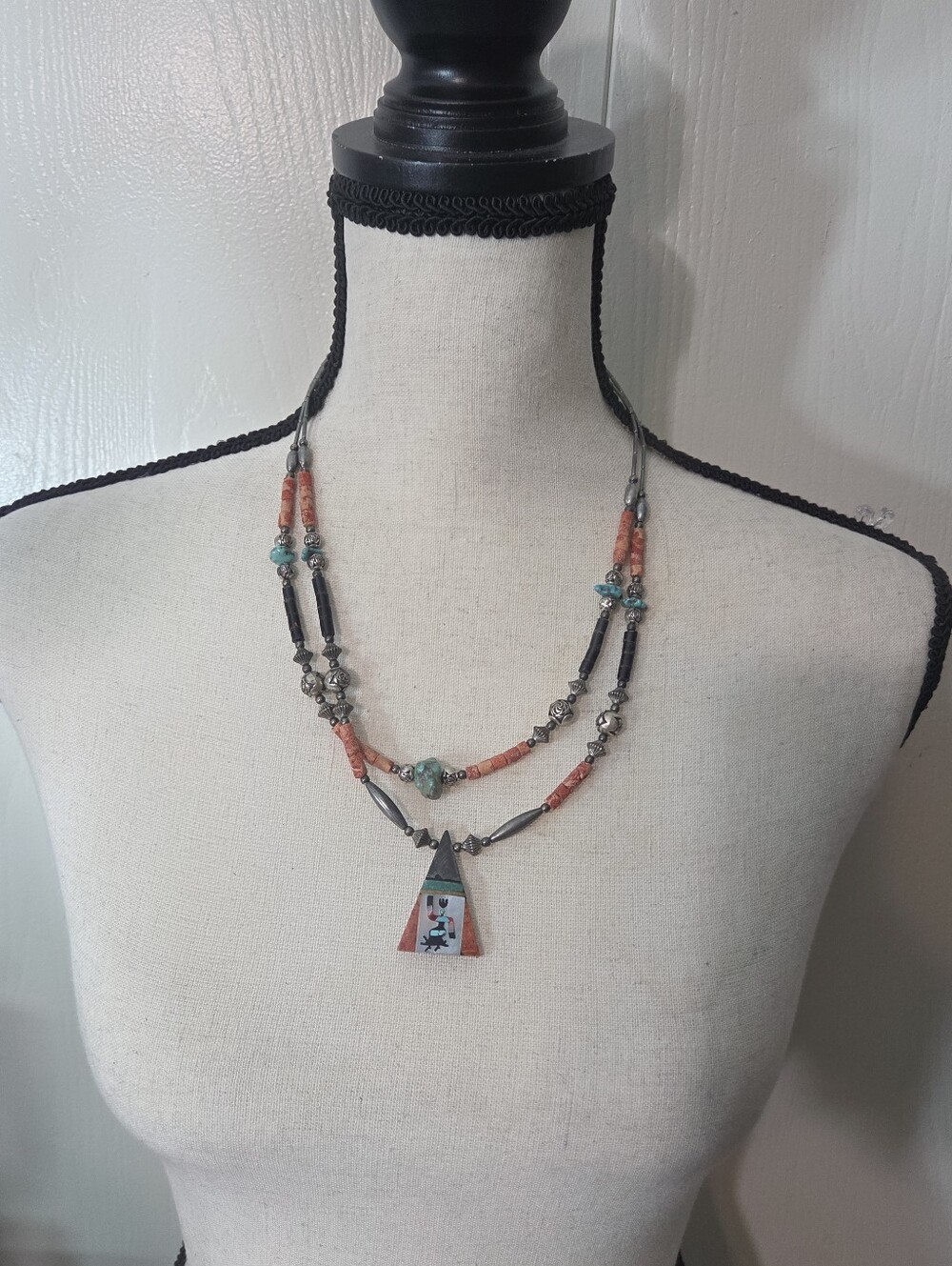 vtg zuni 2 strand necklace coral mother of pearl silver tone turqoise chunk READ